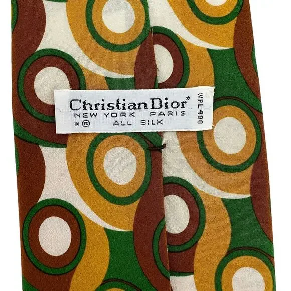 Christian Dior Vintage 60s Silk Tie Geometric Mod Circles Gold Brown Green